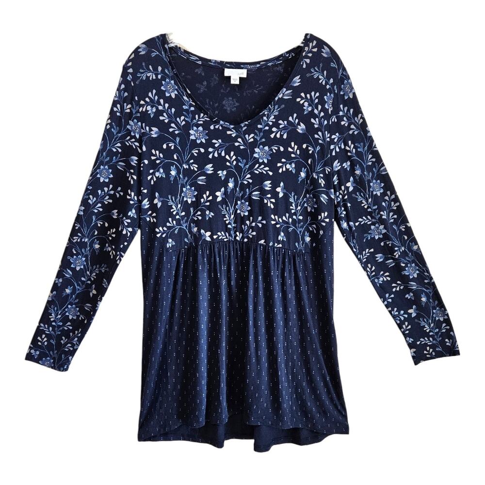 J JILL Women's M Babydoll Tunic Blouse Navy Blue Floral V-Neck Long Sleeve 40"
